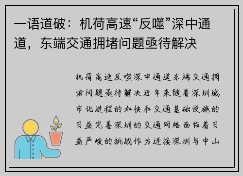 一语道破：机荷高速“反噬”深中通道，东端交通拥堵问题亟待解决