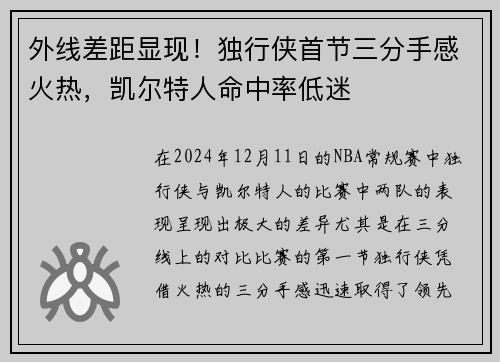 外线差距显现！独行侠首节三分手感火热，凯尔特人命中率低迷
