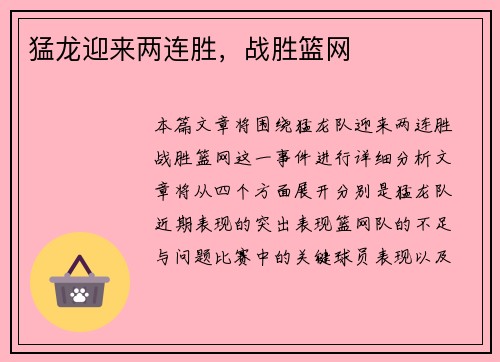 猛龙迎来两连胜，战胜篮网