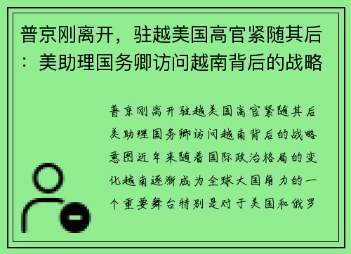 普京刚离开，驻越美国高官紧随其后：美助理国务卿访问越南背后的战略意图