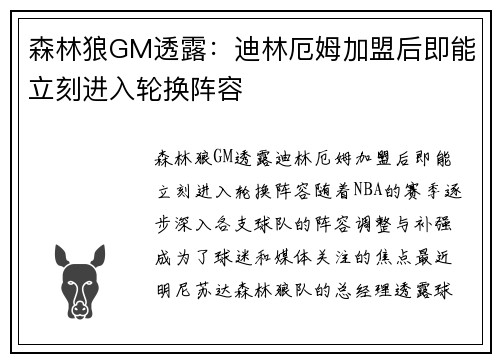 森林狼GM透露：迪林厄姆加盟后即能立刻进入轮换阵容