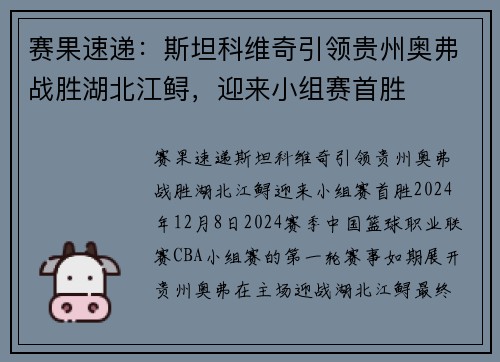 赛果速递：斯坦科维奇引领贵州奥弗战胜湖北江鲟，迎来小组赛首胜