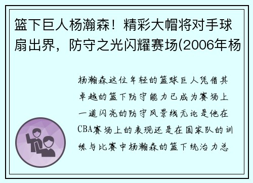 篮下巨人杨瀚森！精彩大帽将对手球扇出界，防守之光闪耀赛场(2006年杨翰)