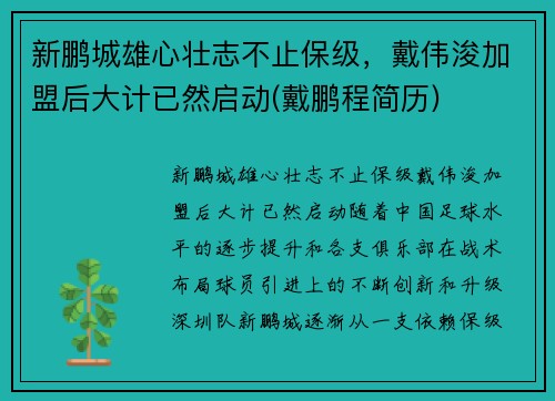 新鹏城雄心壮志不止保级，戴伟浚加盟后大计已然启动(戴鹏程简历)