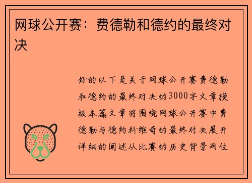 网球公开赛：费德勒和德约的最终对决